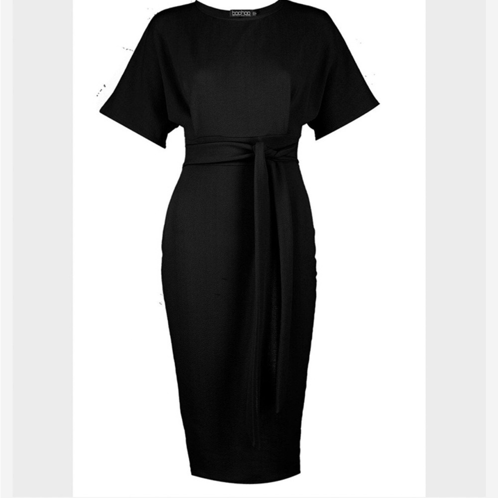 Boohoo Black Midi Sheath Dress with Short Batwing Sleeves size 6 great - Picture 3 of 7